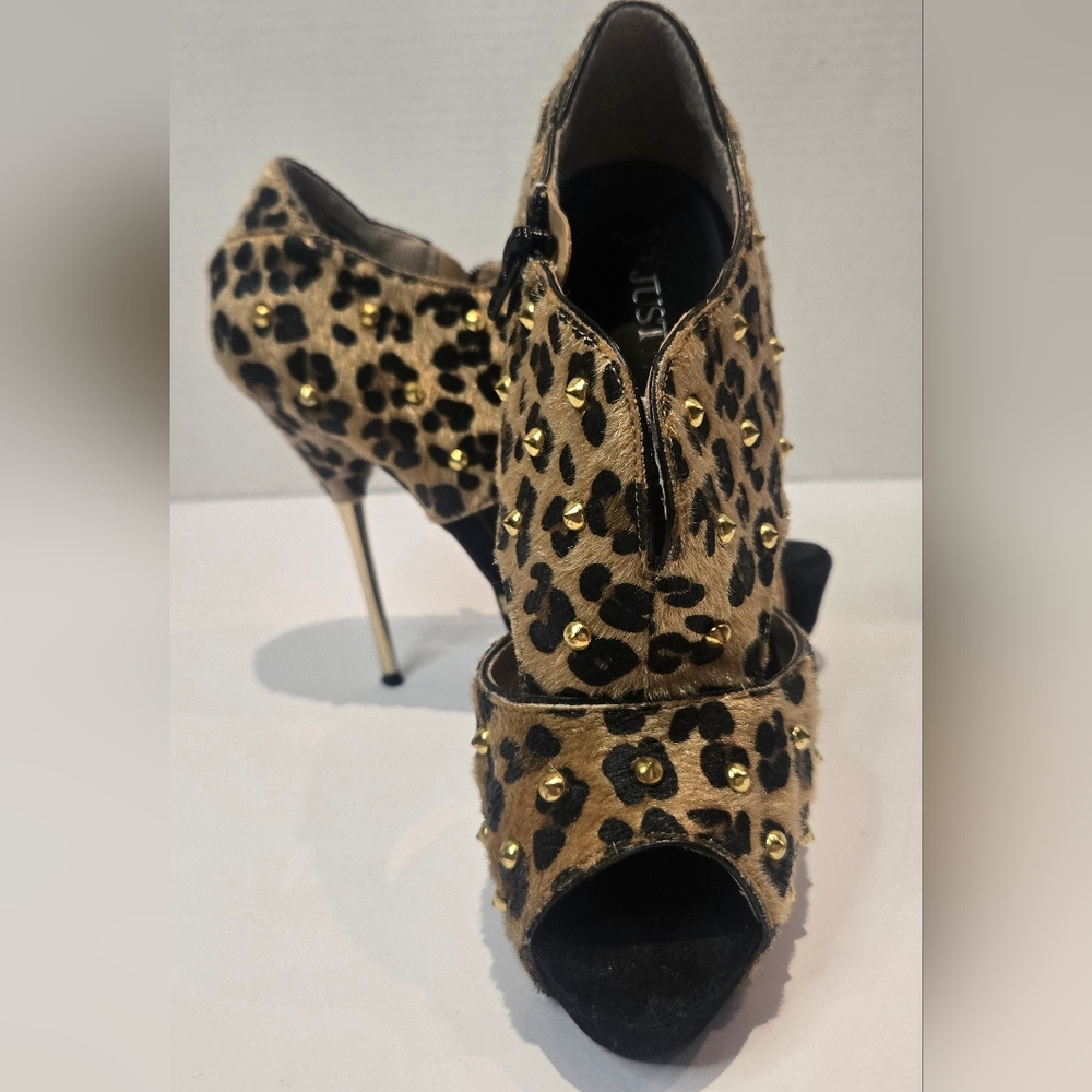 JustFab Leopard Print Studded Peep-Toe Heels - Tan, Black, Gold